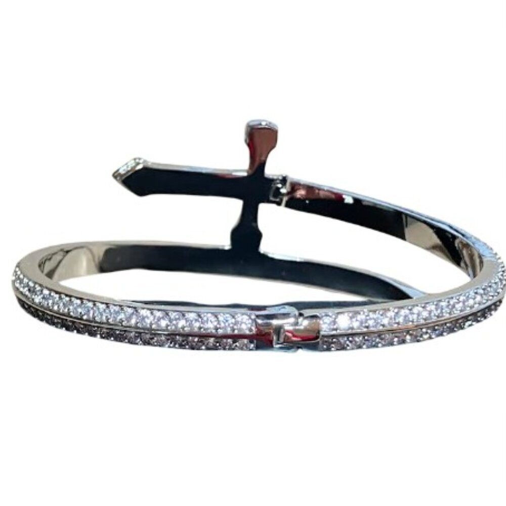 Sword of Justice Open Cuff Design Silver-Tone with Pave Cubic Zirconias EUC S/M - Picture 4 of 7